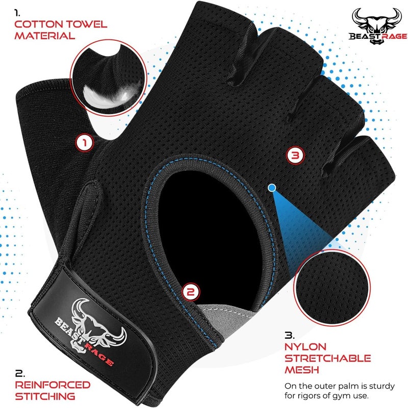 BEAST RAGE Fingerless Weight Lifting Gloves with Palm Protection Padding, Breathable Lightweight Gym Gloves for Men, Women, Weightlifting, Cycling, Exercise, Training Pull Up - Image 2